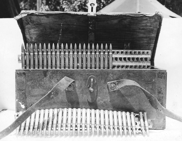 American photograph of a captured Japanese ammunition box with ammunition strips for the Type 92 machine gun, Guadalcanal, 1942.