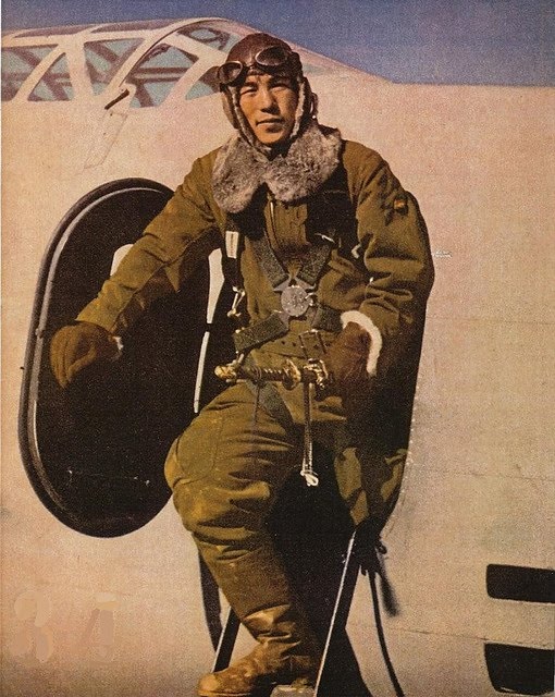 Japanese Army pilot exiting a Ki-21 bomber aircraft, 1942