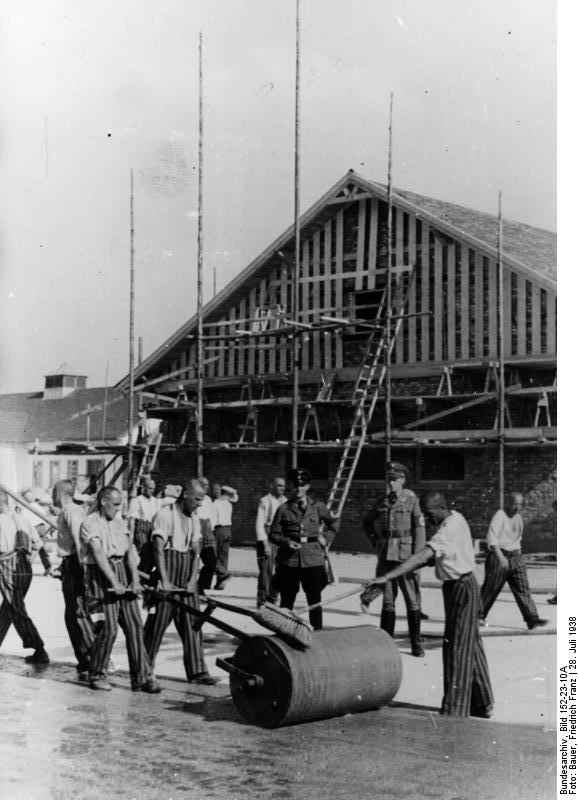 SS guards overseeing prisoners, Dachau Concentration Camp, Germany, 28 Jun 1938