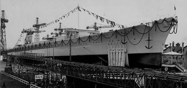 Lützow being prepared for launch, Deschimag shipyard, Bremen, Germany, 1 Jul 1939