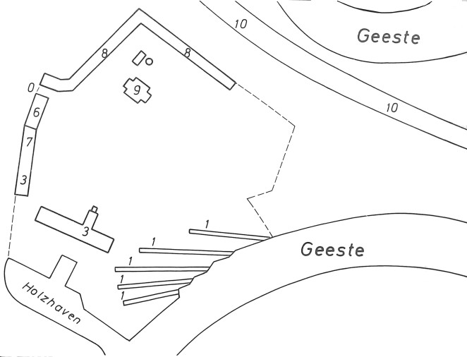 Shipyard modernization plan of Rickmers shipyard, Bremerhaven, Germany, drawn in 1862; note five longitudinal slips planned and without the horizontal slip