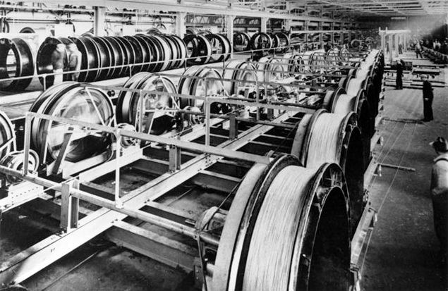 John Roebling and Sons Construction Company spinning cables for the Golden Gate Bridge during the bridge’s construction, mid-1930s. The cable spinning took place at the former Navy coaling station, Tiburon, California.