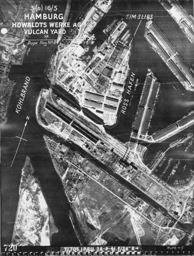 Aerial view of Howaldtswerke shipyard, Hamburg, Germany, 1940s