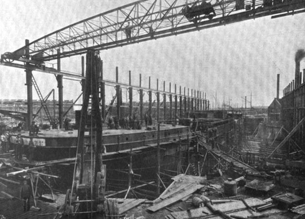 Norddeutscher Lloyd's freighter Petchaburi in dock G at the Seebeckwerft shipyard, Bremerhaven, Germany, circa 1900-1901