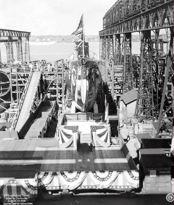 Sargo-class submarine Saury on the ways at the Electric Boat Company being readied for her launch nine days later, Groton, Connecticut, United States, 20 Apr 1938.