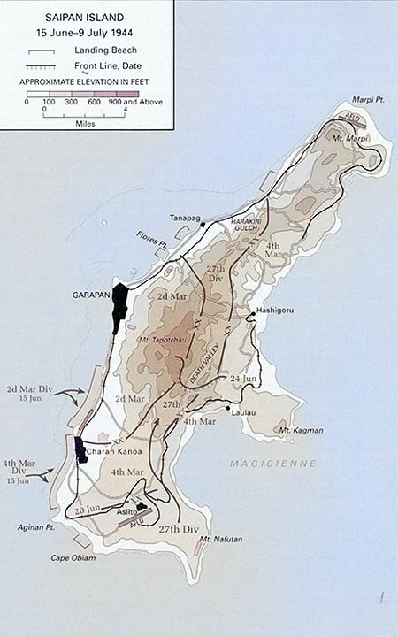 Map of the Battle of Saipan Jun 15 through July 9, 1944 [Colorized by WW2DB]