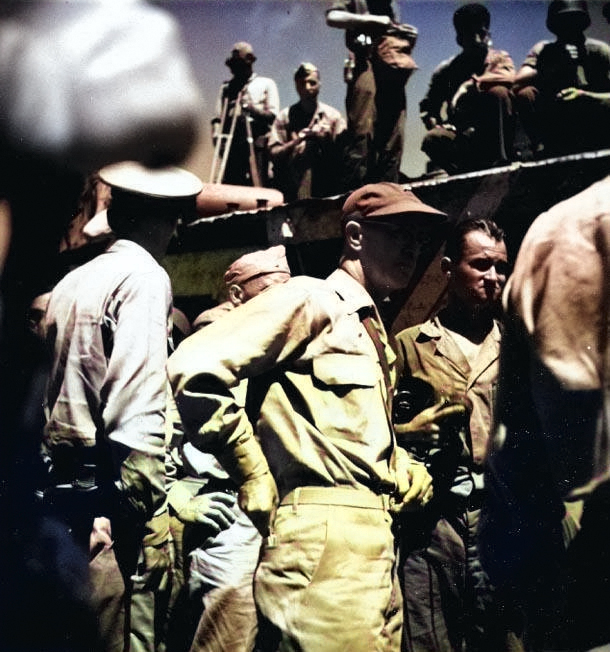 Rear Admiral Robert B. Carney at Yokosuka Naval Base to accept the surrender of the base, Yokosuka, Japan, 30 Aug 1945 [Colorized by WW2DB]