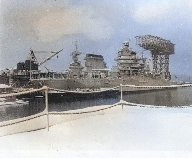 USS New Mexico and USS Lexington, Puget Sound Navy Yard, Bremerton, Washington, United States, 1937 [Colorized by WW2DB]