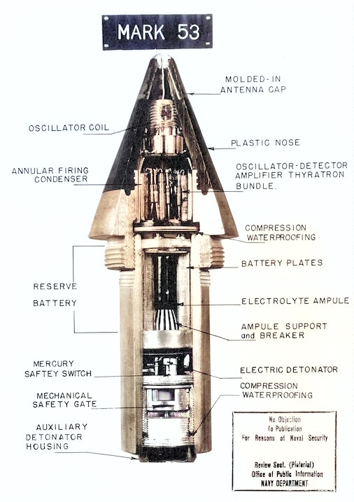 Cutaway diagram of a Mark 53 VT Radio Proximity anti-aircraft fuze. The on-board wet cell battery was always called the Reserve Battery even though it was the primary power source. [Colorized by WW2DB]