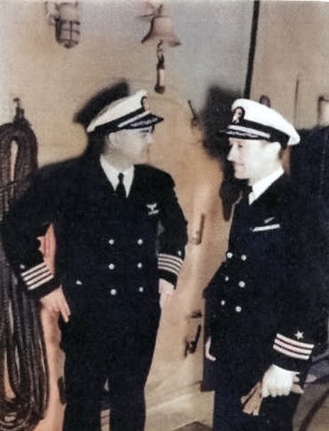 Change of Command ceremony aboard USS Card, Captain Arnold J. “Buster” Isbell, left, relieved Captain James Sykes at Norfolk, Virginia, 17 Apr 1943. [Colorized by WW2DB]