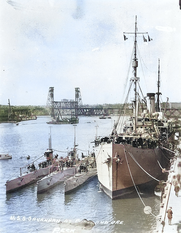 USS Savannah with USS S-27, USS S-29, and USS S-25, Portland, Oregon, 1920s [Colorized by WW2DB]