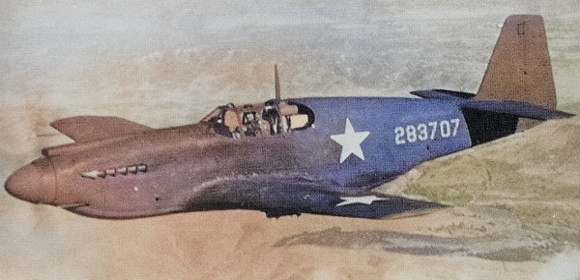 A-36A Mustang aircraft on a training flight near Savannah, Georgia, United States, 1942; this plane was destroyed in a landing accident 8 Jan 1943 [Colorized by WW2DB]