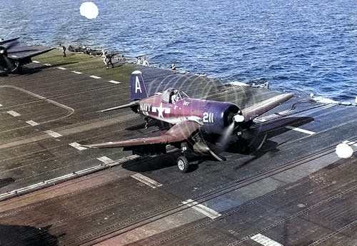 F4U-4 Corsair fighter prepared to take off from USS Boxer, off Korea, 6 Jul 1951 [Colorized by WW2DB]