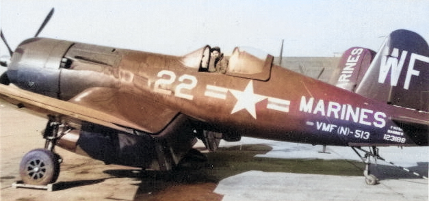 F4U-5N Corsair nightfighter of US Marine Corps squadron VMF(N)-513, Wonsan, Korea, 1952 [Colorized by WW2DB]