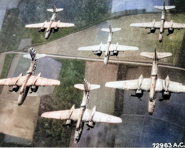 A-20 Havoc bombers of US 410th Bomb Group based at RAF Gosfield, England, United Kingdom, date unknown [Colorized by WW2DB]