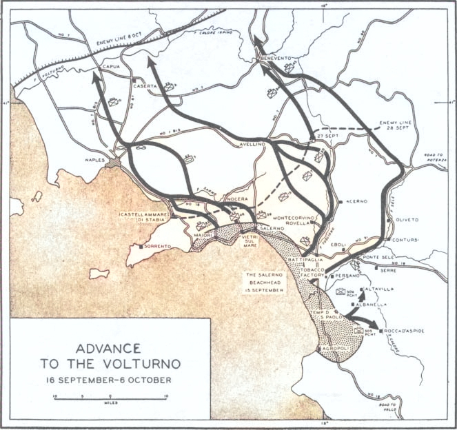 Map depicting the Allied advance north from Salerno, Italy toward Volturno River, 16 Sep-6 Oct 1943 [Colorized by WW2DB]