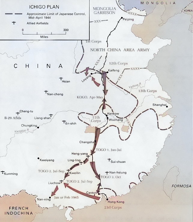 Map depicting movements for Operation Ichigo, mid-Apr 1944 [Colorized by WW2DB]