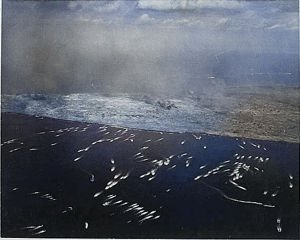 The first wave of landing craft at Iwo Jima, 19 Feb 1945, photo 1 of 6 [Colorized by WW2DB]