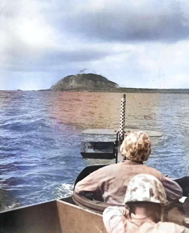 Marines in a LCVP off Iwo Jima, 19 Feb 1945 [Colorized by WW2DB]