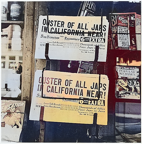 Newspaper 'San Francisco Examiner' showing headlines of Japanese relocation, San Francisco, California, United States, 26 Feb 1942 [Colorized by WW2DB]