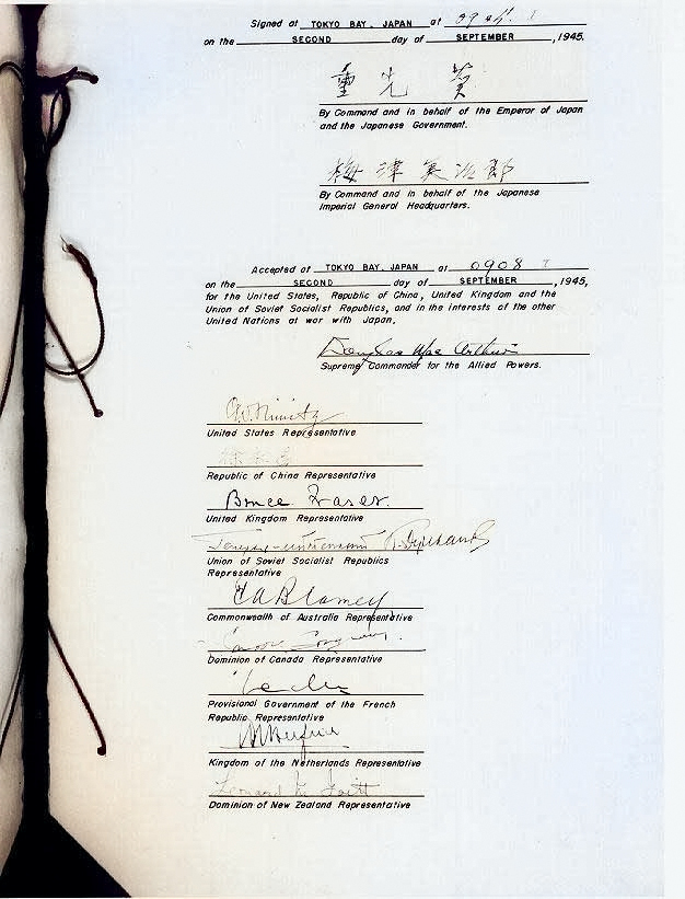 Signature page of the Japanese instrument of surrender [Colorized by WW2DB]