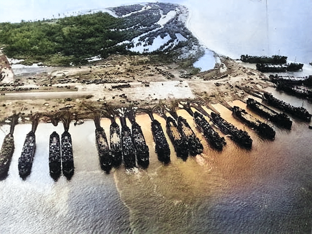 American ships anchored off Leyte, Philippine Islands, late 1944 [Colorized by WW2DB]