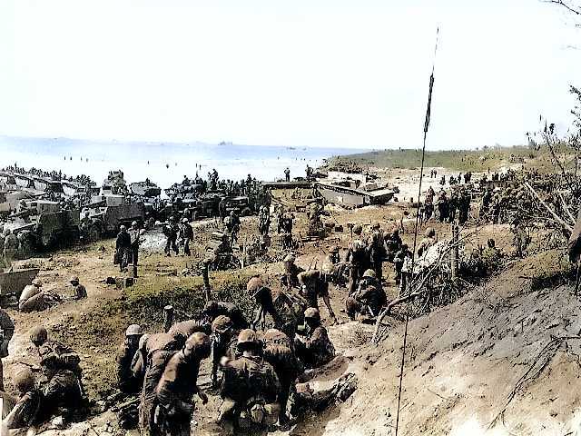 American troops and equipment on Tinian, Mariana Islands, Jul or Aug 1944 [Colorized by WW2DB]