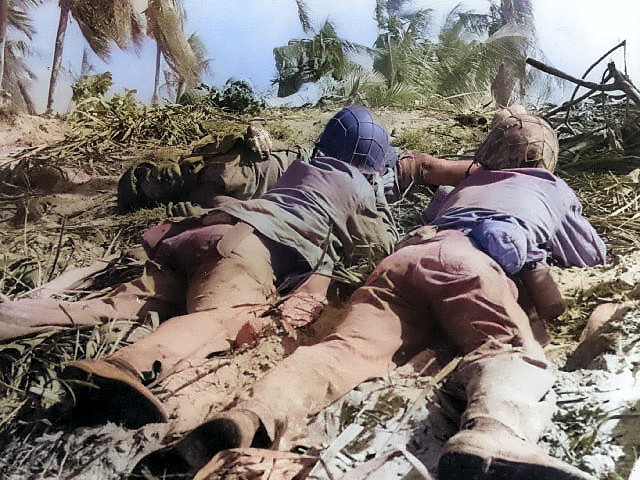 US Marines pinned down by Japanese fire, Eniwetok, Marshall Islands, 17-21 Feb 1944 [Colorized by WW2DB]