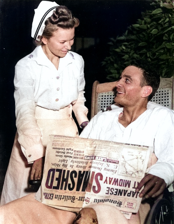 VT-8 survivor Ensign George Gay at Pearl Harbor Naval Hospital, 7 Jun 1942 [Colorized by WW2DB]