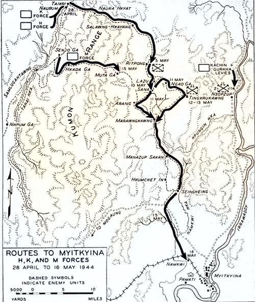 Map depicting the movement of Allied H, K, and M forces toward Myitkyina, Burma, 28 Apr to 16 May 1944 [Colorized by WW2DB]