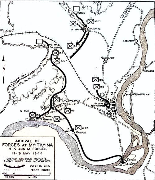 Map depicting the arrival of Allied H, K, and M forces at Myitkyina, Burma, 17-19 May 1944 [Colorized by WW2DB]