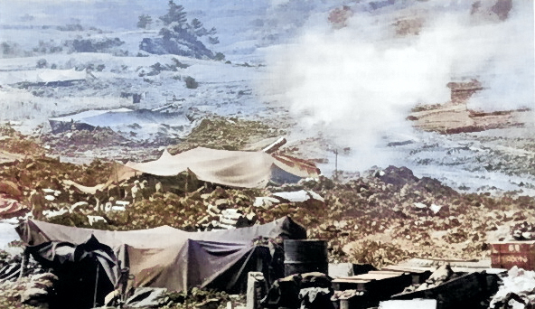 US Army 8-in Howitzer M1 firing on Japanese position, Okinawa, Japan, 19 Apr 1945 [Colorized by WW2DB]