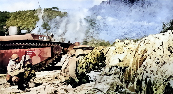 Men of the US 77th Division landing from LVTs onto Zanami Island of the Kerama Islands near Okinawa, Japan, 27 Mar 1945 [Colorized by WW2DB]