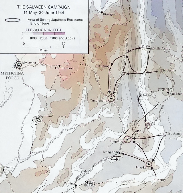 Map depicting the Salween Offensive, 11 May-30 Jun 1944 [Colorized by WW2DB]