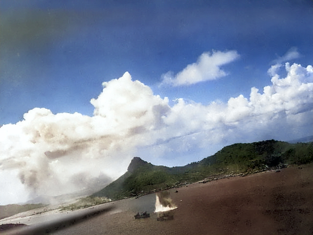 Japanese ships being bombed during attack on Truk, Caroline Islands, 17 Feb 1944; photo taken by an aircraft from USS Intrepid [Colorized by WW2DB]