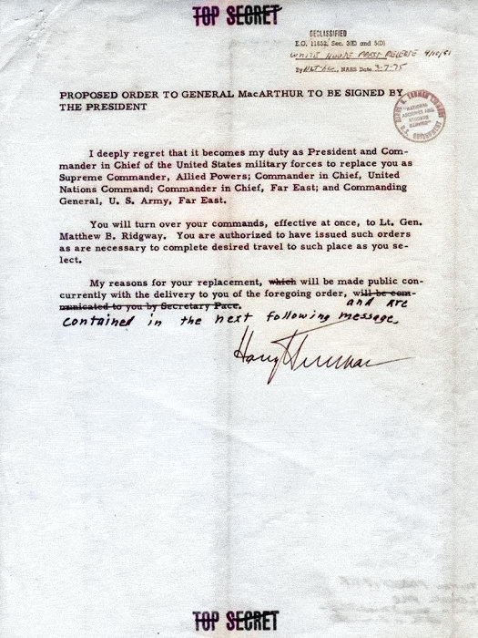 Truman's order to relieve MacArthur, 10 Apr 1951, page 4 of 6 [Colorized by WW2DB]