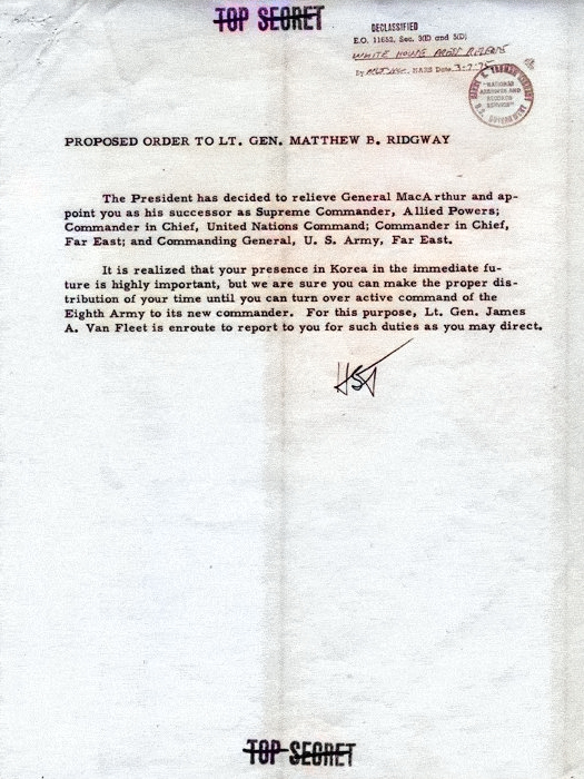 Truman's order to relieve MacArthur, 10 Apr 1951, page 6 of 6 [Colorized by WW2DB]