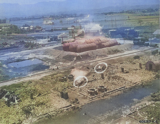 Kagi butanol plant under attack by B-25 bombers of 3rd Bombardment Group, USAAF 5th Air Force, Kagi (now Chiayi), Taiwan, 3 Apr 1945, photo 2 of 5 [Colorized by WW2DB]