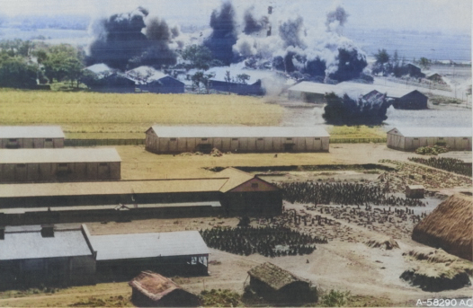 Keishu sugar plant under US aerial attack, Shoka (now Changhua), Taiwan, 17 May 1945, photo 2 of 2 [Colorized by WW2DB]