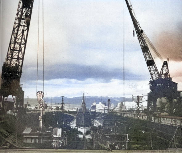 Dry Dock No. 1 at Pearl Harbor Naval Shipyard, Oahu, US Territory of Hawaii, date unknown [Colorized by WW2DB]