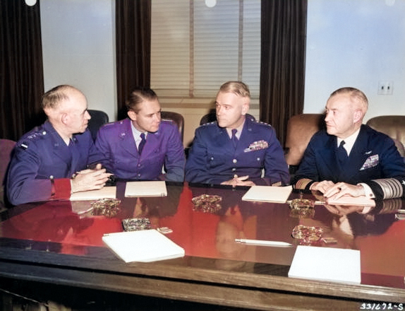 Omar Bradley, Hoyt Vandenberg, Lawton Collins, and Forrest Sherman at a US Joint Chiefs of Staff meeting at the Pentagon building, Arlington, Virginia, United States, 22 Nov 1949 [Colorized by WW2DB]