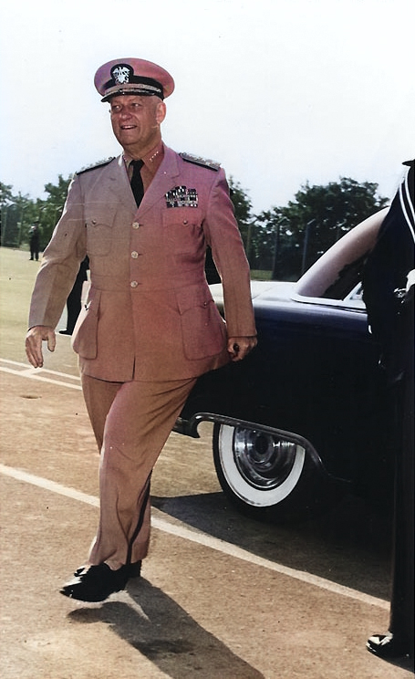 Admiral Burke arriving for a conference at Camp Voluceau, near Paris, France, during Operation 'ShapEx 60', 22 Jun 1960 [Colorized by WW2DB]