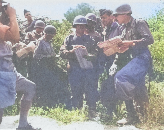 US generals Geoffrey Keyes, Robert Frederick, and Mark Clark in discussion near Rome, Italy, May-Jun 1944 [Colorized by WW2DB]