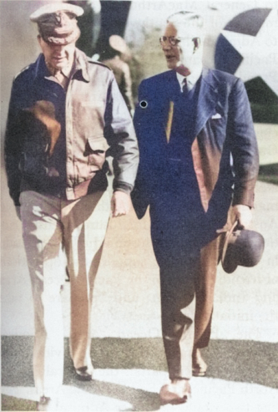 John Curtin greeting Douglas MacArthur as the US general arrived in Sydney, Australia by air, 1940s [Colorized by WW2DB]