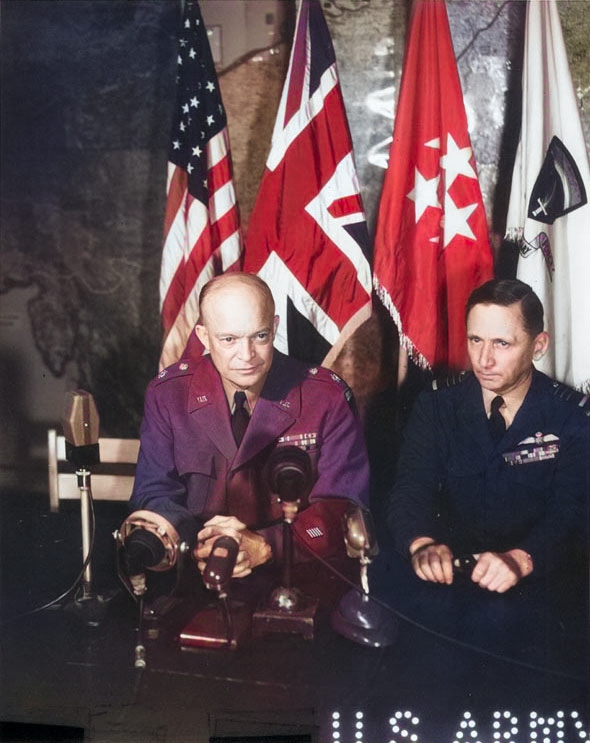 Eisenhower and Tedder addressed the world over radio and motion picture shortly after the signing of the German surrender documents, Rheims, France, 7 May 1945 [Colorized by WW2DB]