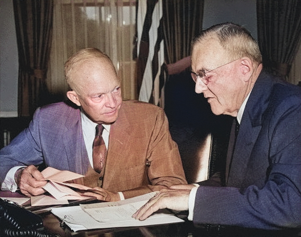 US President Dwight Eisenhower and US Secretary of State John Foster Dulles, White House, Washington DC, United States, 14 Aug 1956 [Colorized by WW2DB]