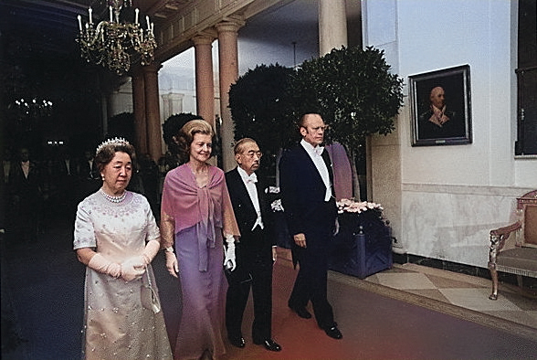 Empress Kojun, First Lady Betty Ford, Emperor Showa, and President Gerald Ford walking toward the East Room of the White House, Washington DC, US, 2 Oct 1975, photo 2 of 2 [Colorized by WW2DB]