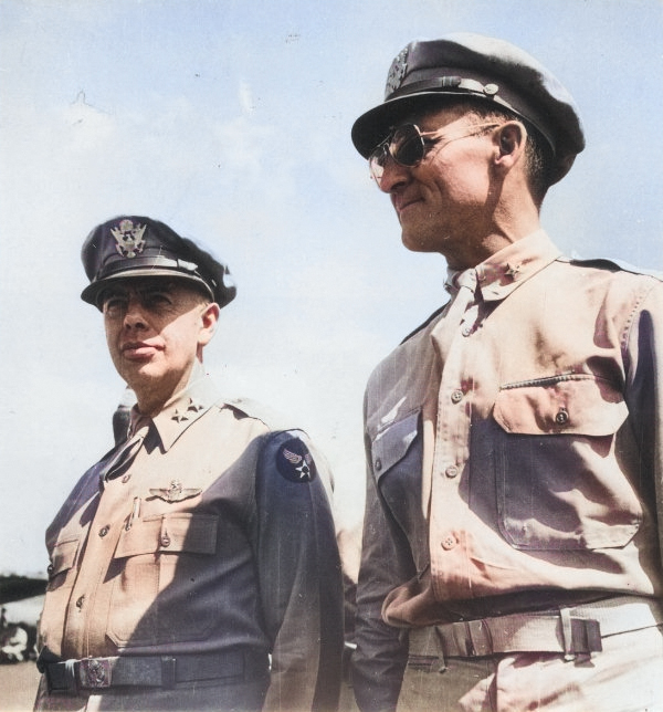 Major General George C. Kenney, commander of US 5th Air Force, and Brigadier General Kenneth N. Walker, commander of US V Bombing Command at Port Moresby, New Guinea, 1942 [Colorized by WW2DB]