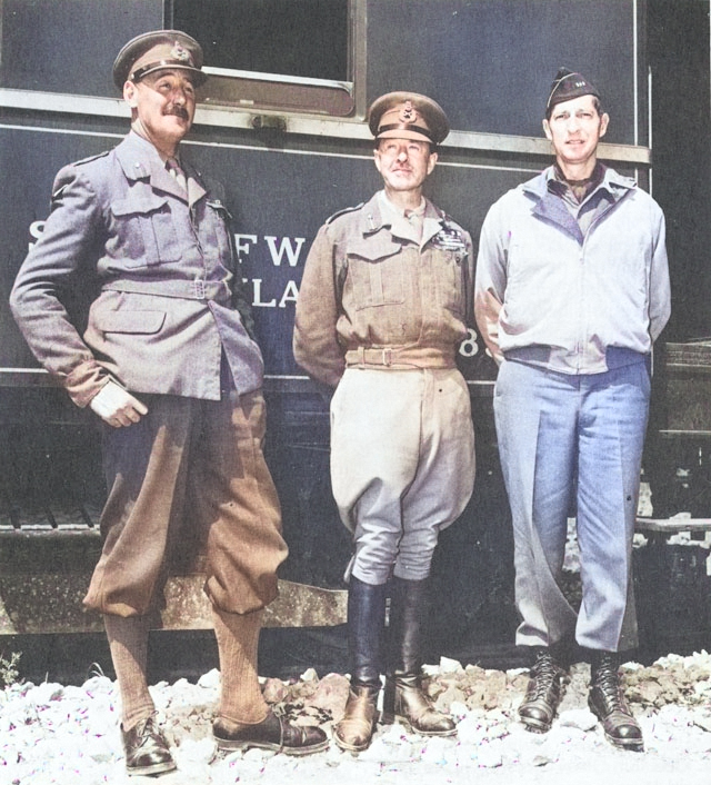 Lieutenant General Oliver Leese, General Harold Alexander, and Lieutenant General Mark Clark, Italy, 1944 [Colorized by WW2DB]