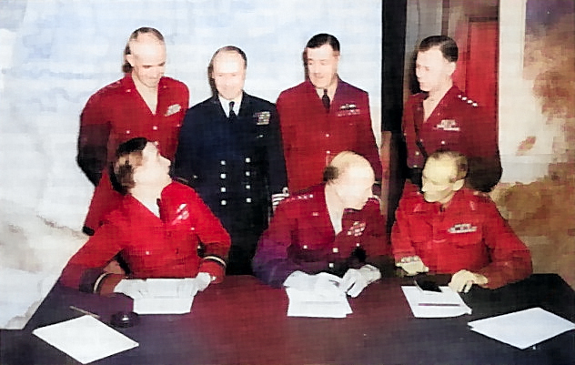 Bradley, Ramsay, Tedder, Eisenhower, Montgomery, Leigh-Mallory, and Smith at a SHAEF conference in London, England, United Kingdom, 1 Feb 1944, photo 6 of 7 [Colorized by WW2DB]